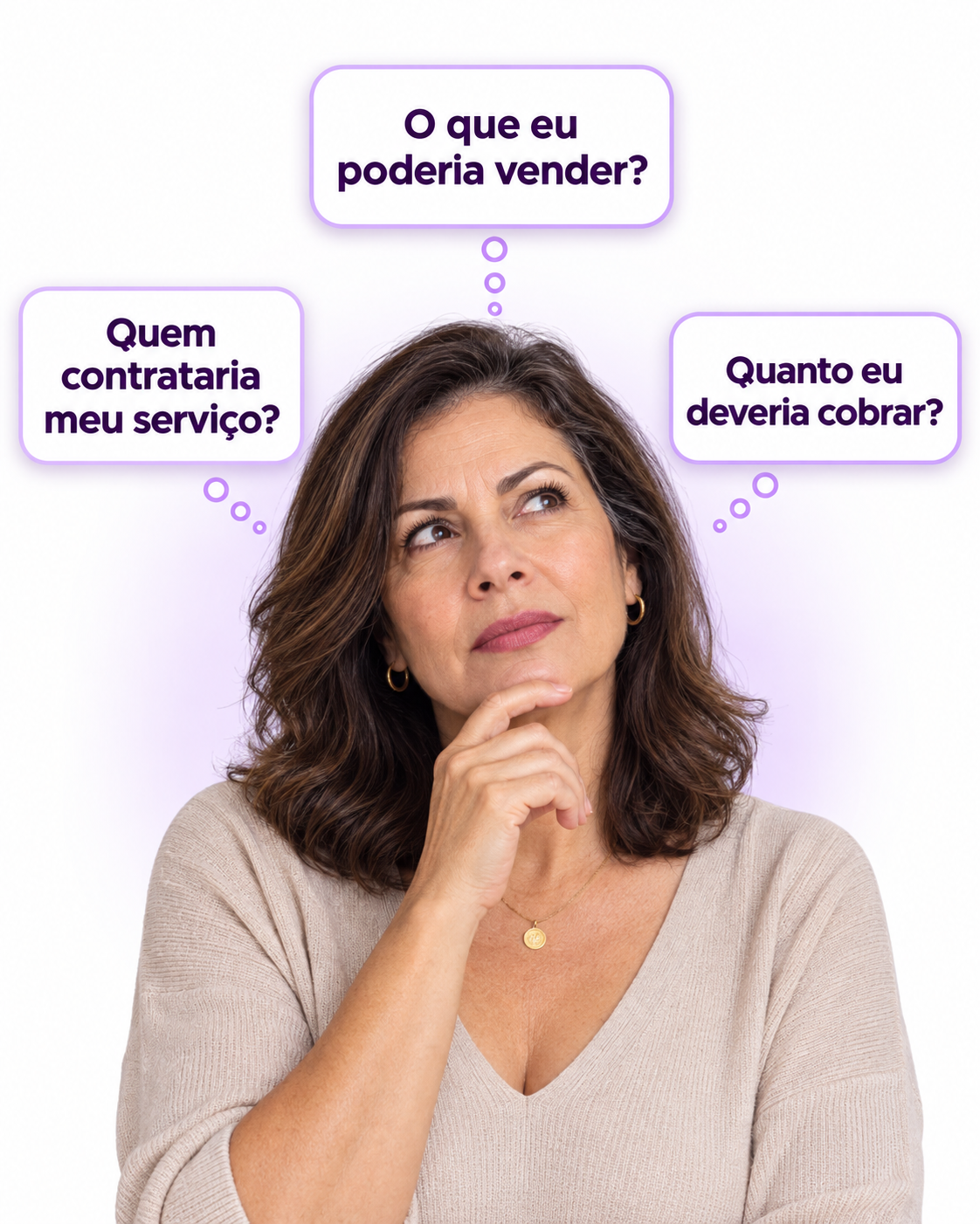 Mulher pensativa com as dúvidas: O que eu poderia vender? Quem contrataria meu serviço? Quanto eu deveria cobrar?